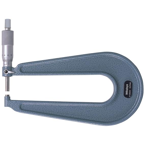 MITUTOYO 118-101 Sheet Metal Micrometer 0-25mm, Flat Anvil/Spindle, 100mm Throat