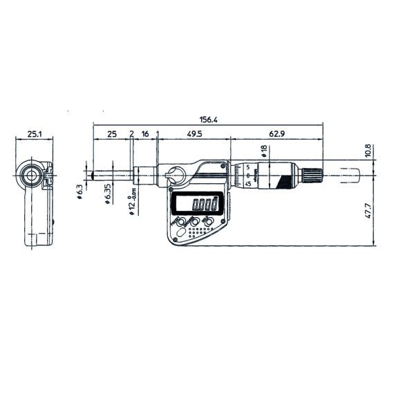 MITUTOYO 350-273-30 Digital Micrometer Head, IP65 0-25mm, SR4 Spindle, 12/18mm Plain Stem